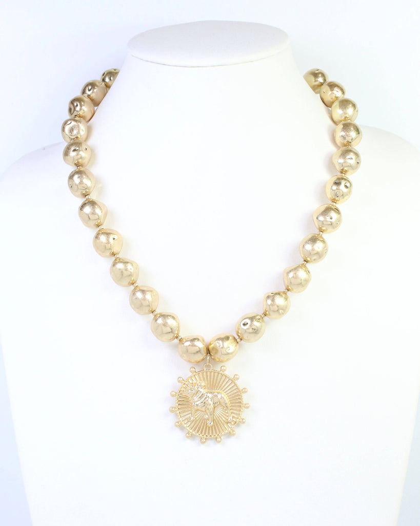 Carmen Beaded Coin Necklace-Standing Bulldog Worn Gold