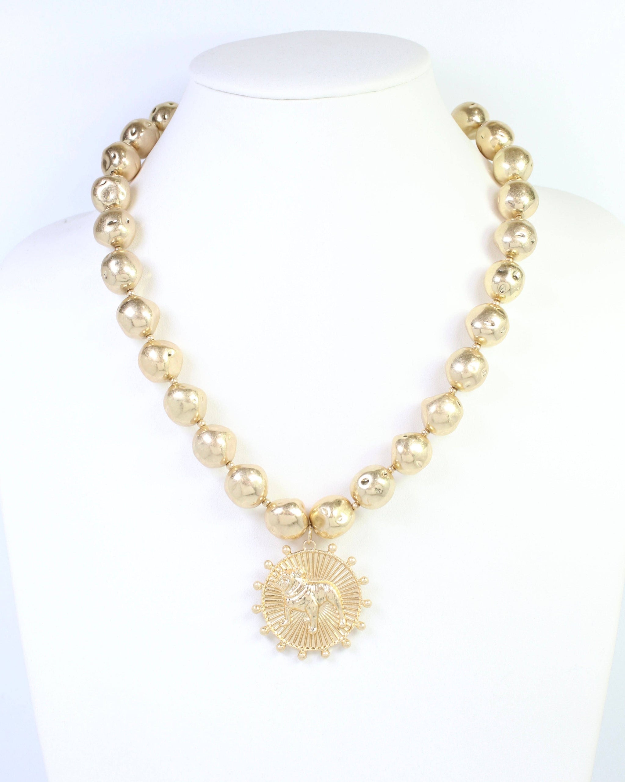 Carmen Beaded Coin Necklace-Standing Bulldog Worn Gold