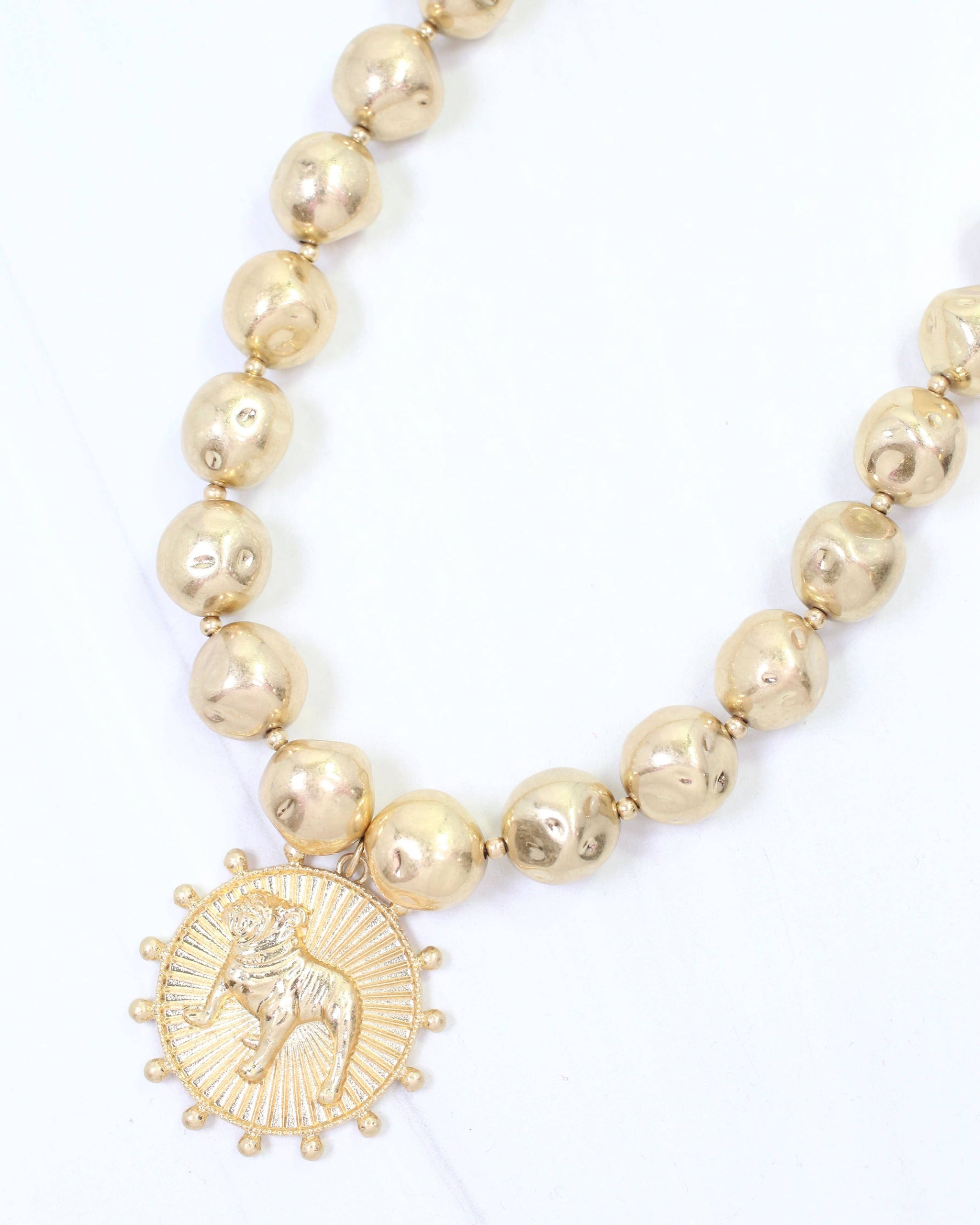 Carmen Beaded Coin Necklace-Standing Bulldog Worn Gold