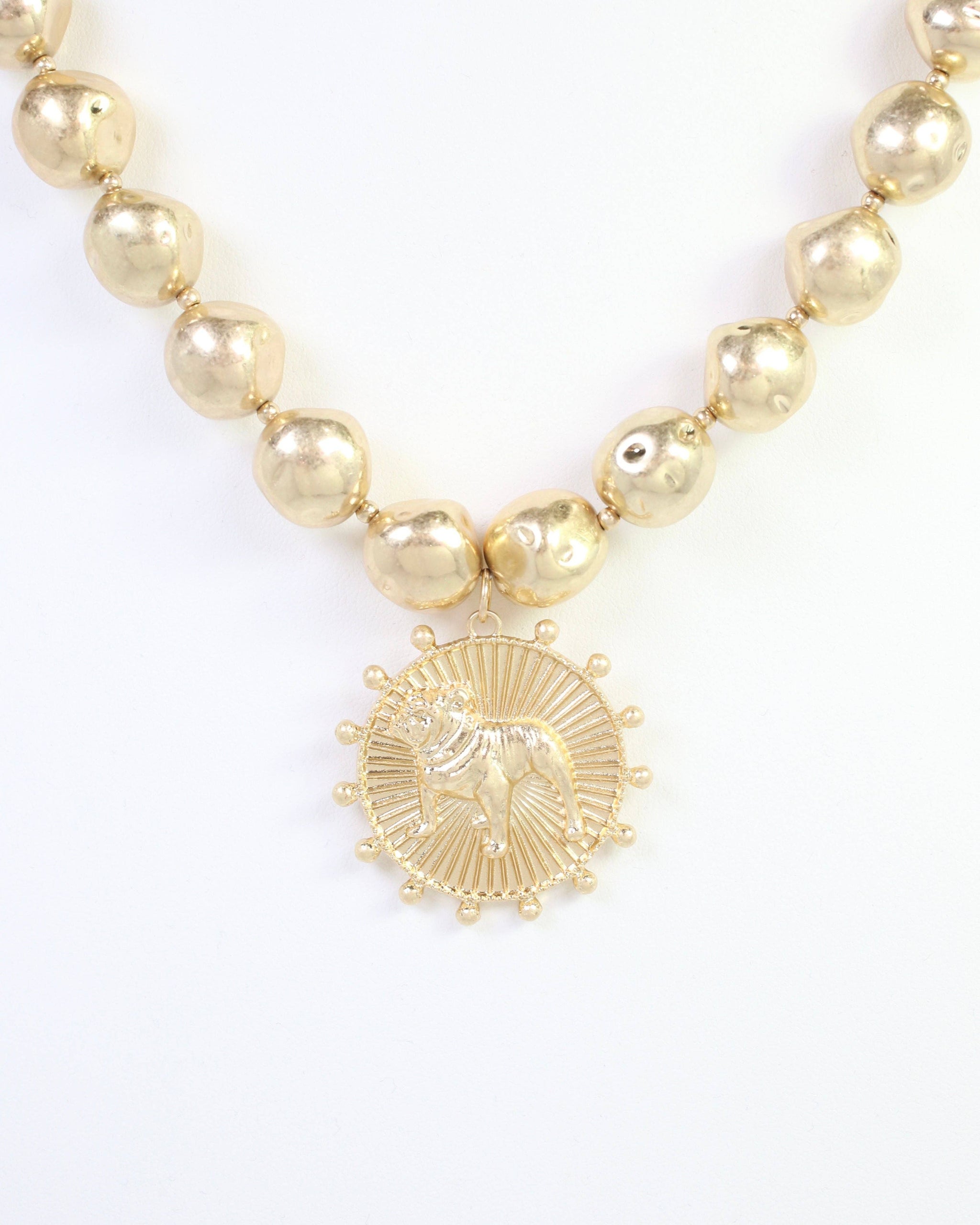 Carmen Beaded Coin Necklace-Standing Bulldog Worn Gold